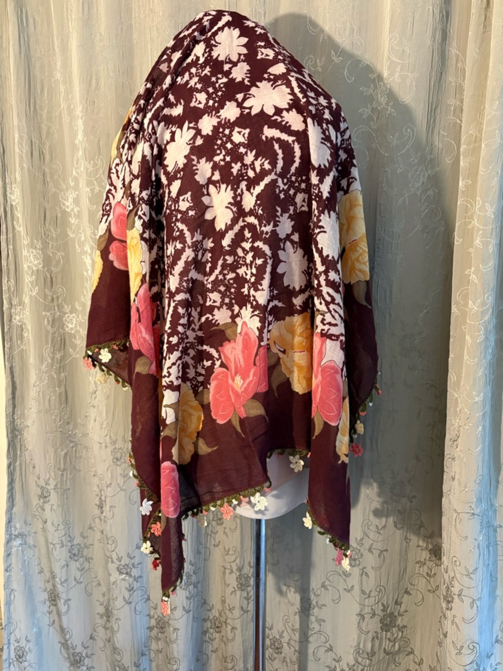 Floral Border Burgundy Women's Wrap Scarf